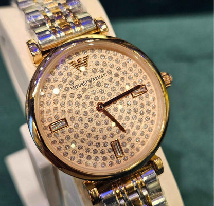Emporio Armani Two Tone Rose Gold Diamond Studded Dial Women's Watch