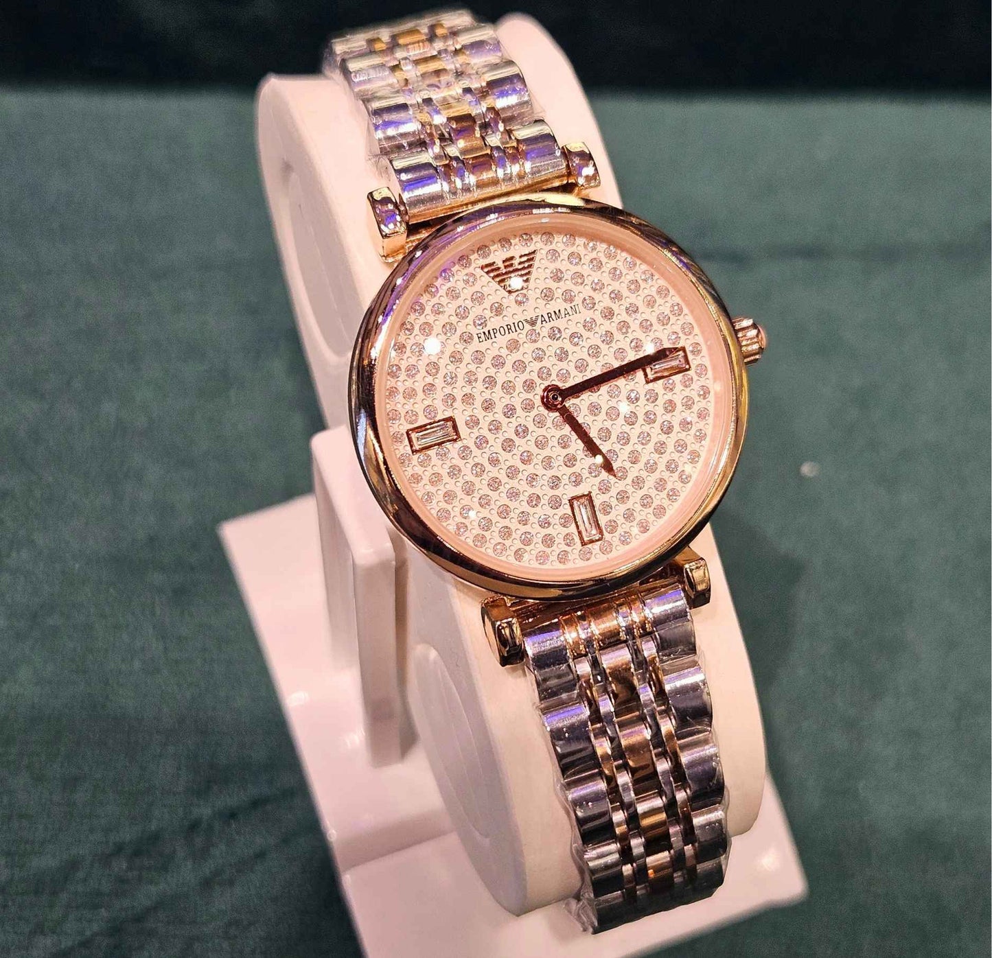 Emporio Armani Two Tone Rose Gold Diamond Studded Dial Women's Watch