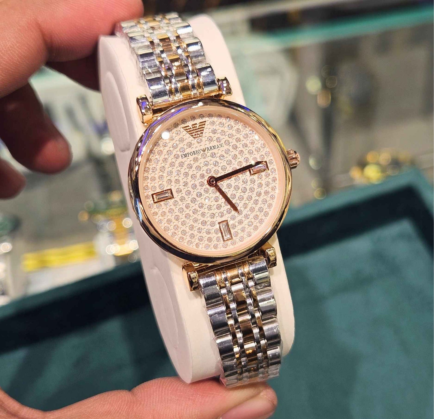 Emporio Armani Two Tone Rose Gold Diamond Studded Dial Women's Watch