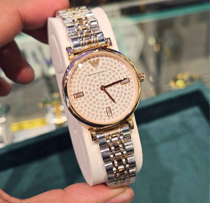 Emporio Armani Two Tone Rose Gold Diamond Studded Dial Women's Watch